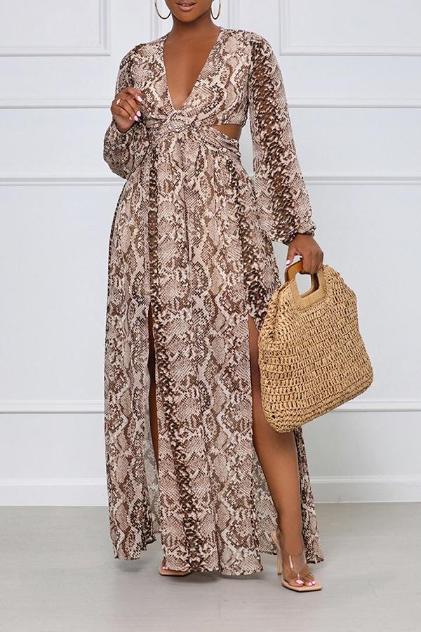 Snake Print V-neck Cutout Side Slit Maxi Dress Fashionpara