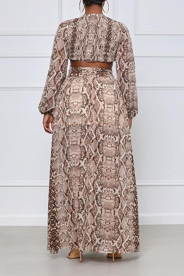 Snake Print V-neck Cutout Side Slit Maxi Dress Fashionpara