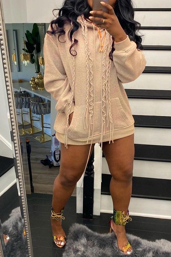 Handmade Tassel Hood Pocket Pullover Mini Dress Fashionpara