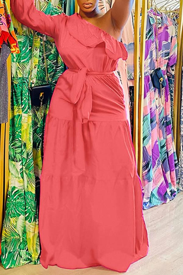 Ruffled One Sleeve Tie Waist Tiered Maxi Dress Fashionpara