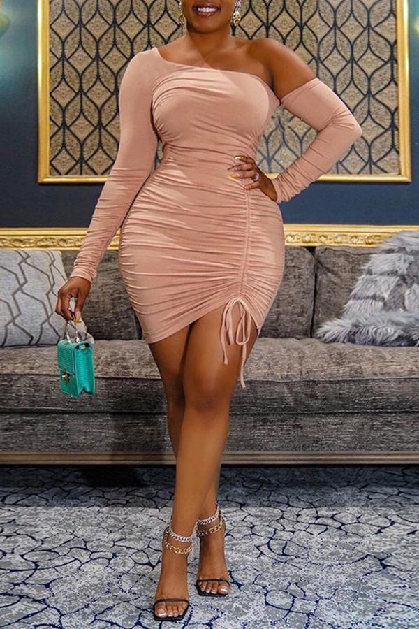 Pretty Solid Oblique Collar Drawstring Mini Dress Fashionpara