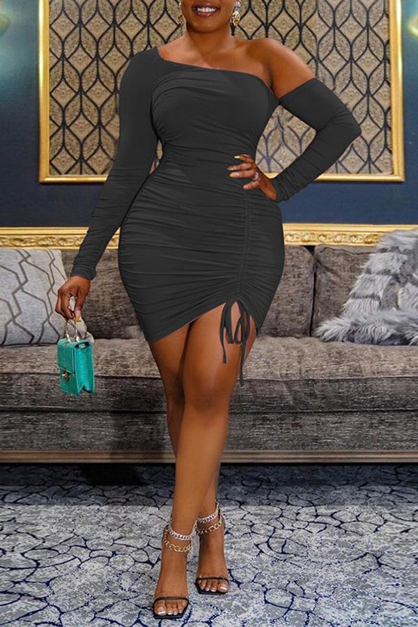 Pretty Solid Oblique Collar Drawstring Mini Dress Fashionpara