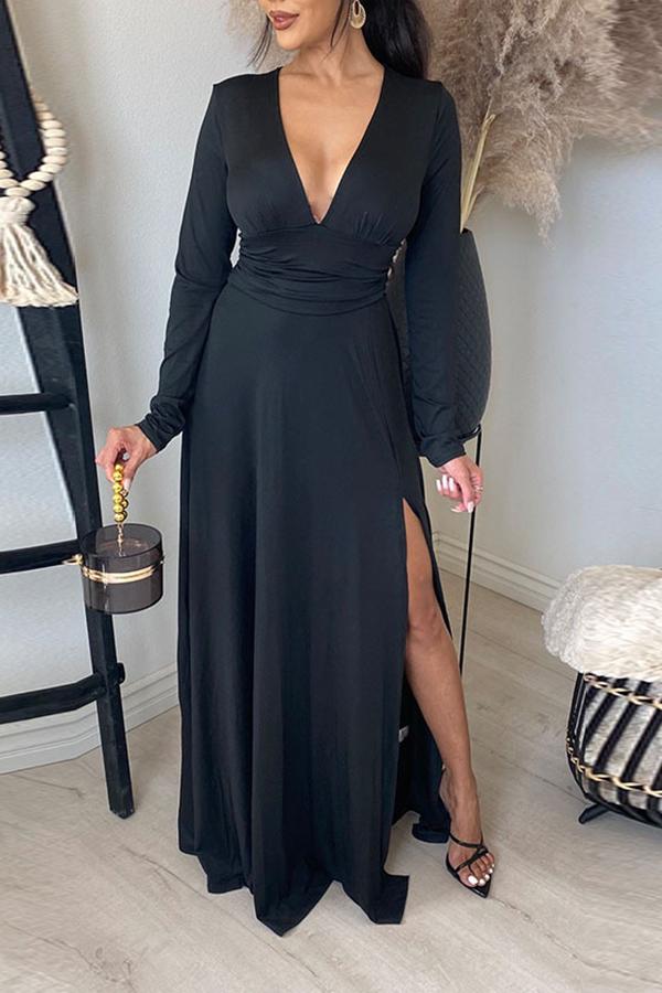 Deep V Collect Waist Side Slit Maxi Dress Fashionpara