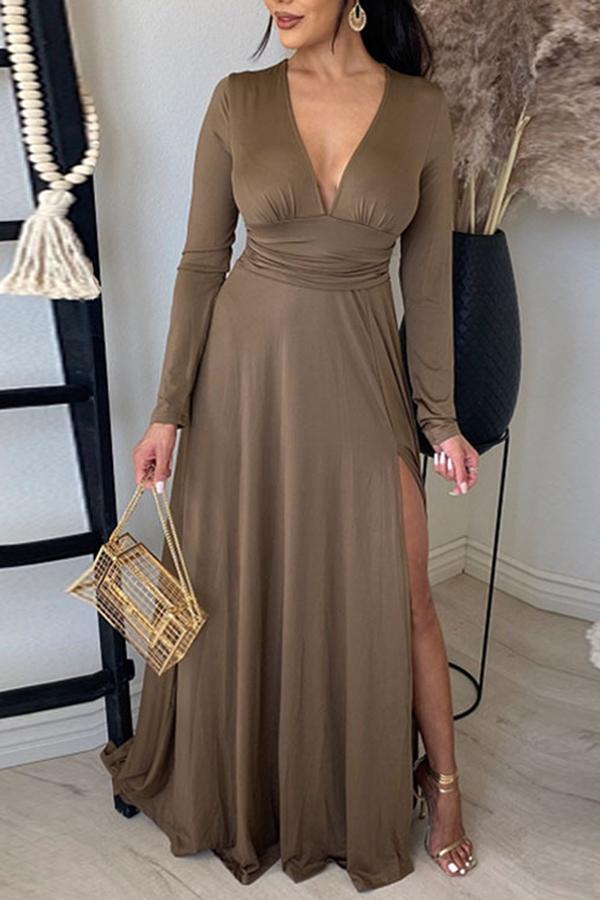 Deep V Collect Waist Side Slit Maxi Dress Fashionpara