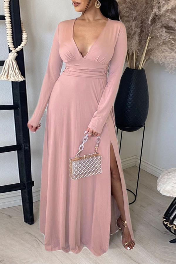 Deep V Collect Waist Side Slit Maxi Dress Fashionpara