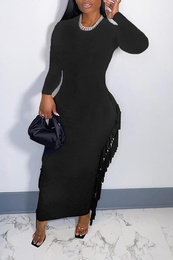 Sexy Solid Round Neck Tassel Maxi Dress Fashionpara