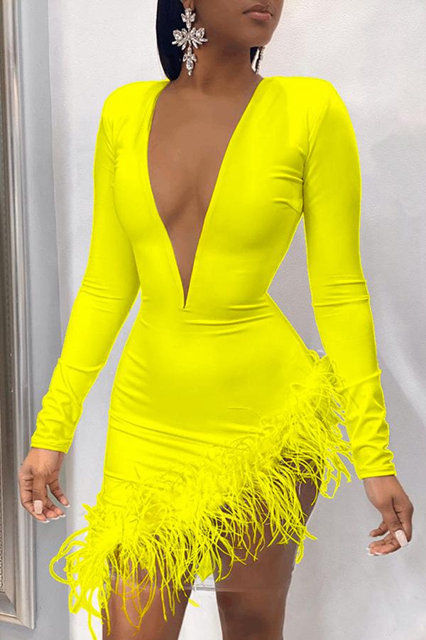 Sexy Fur Stitching Deep V Mini Dress Fashionpara