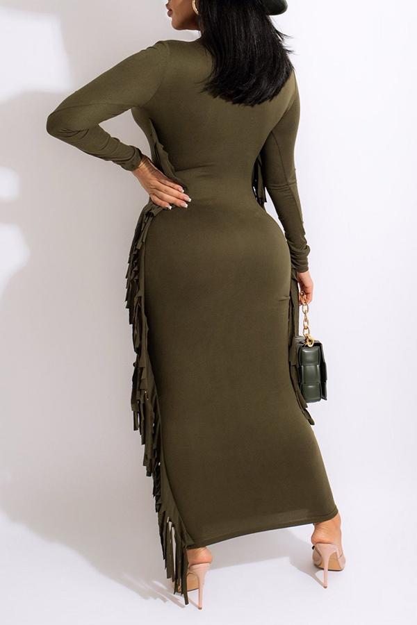 Pretty Solid Tassel Long Sleeve Plus Size Maxi Dress Fashionpara