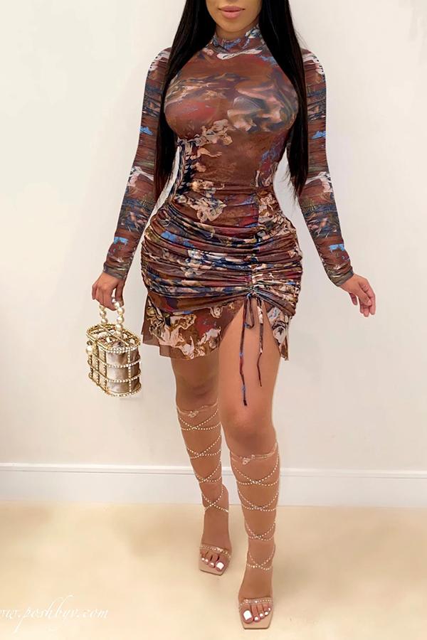 Pretty Printed Drawstring Ruched Mini Dress Fashionpara