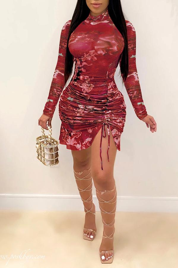 Pretty Printed Drawstring Ruched Mini Dress Fashionpara