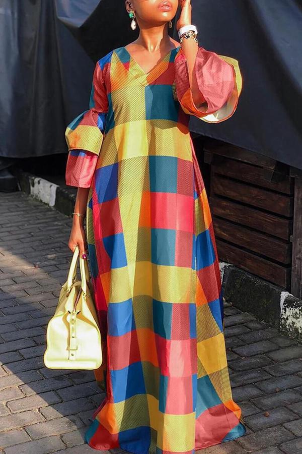 Multicolor Plaid Ruffle Sleeve Maxi Dress Fashionpara