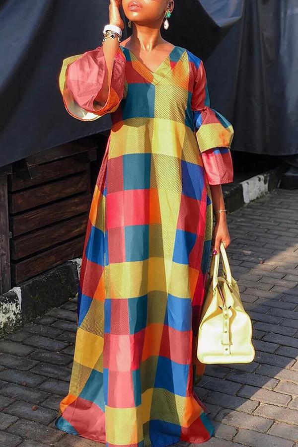 Multicolor Plaid Ruffle Sleeve Maxi Dress Fashionpara