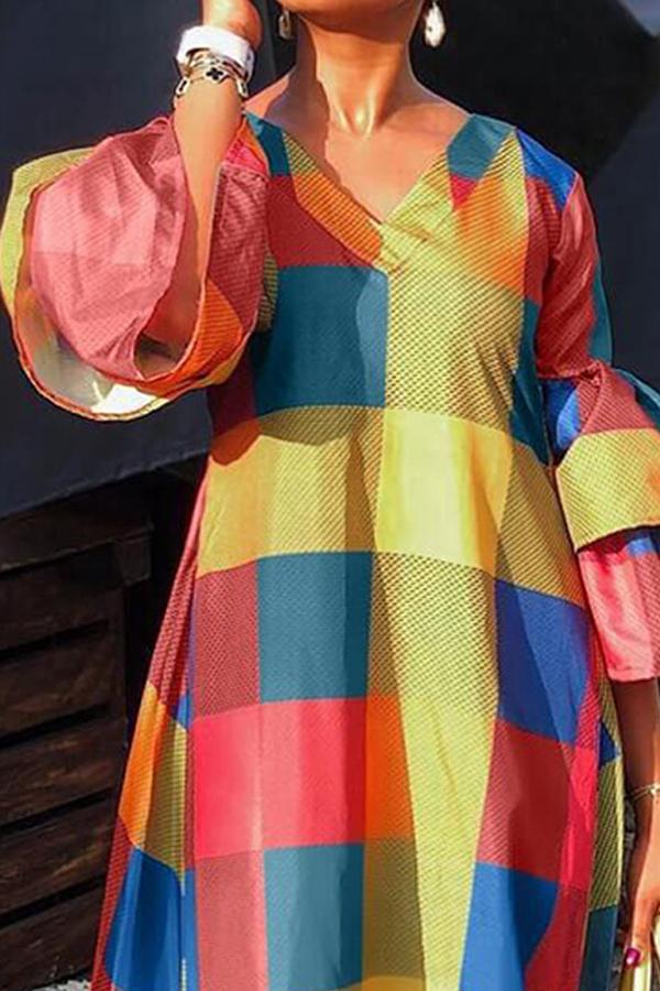 Multicolor Plaid Ruffle Sleeve Maxi Dress Fashionpara