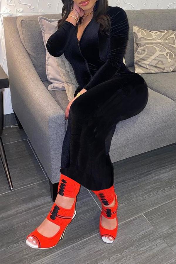 Stretchy Zip Collar Velvet Feminine Midi Dress Fashionpara