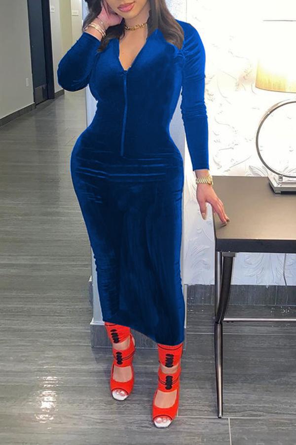 Stretchy Zip Collar Velvet Feminine Midi Dress Fashionpara