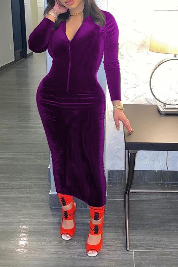 Stretchy Zip Collar Velvet Feminine Midi Dress Fashionpara