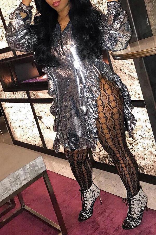 Sequin Agaric Lace Long Sleeve Slit Mini Dress Fashionpara