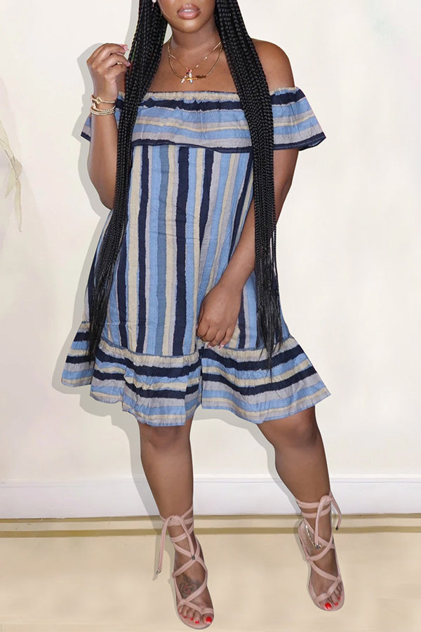 Striped Off Shoulder Ruffled Mini Dress Fashionpara