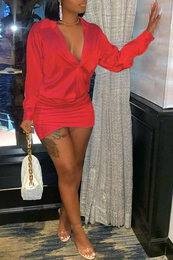 Feminine Satin Solid V-neck Shirt Mini Dress Fashionpara