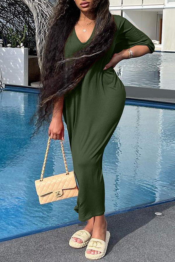 Casual Loose Half Sleeve Plain Maxi Dress Fashionpara