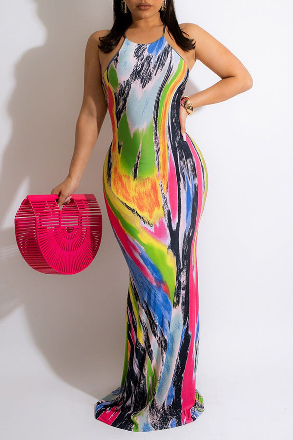 Multi Tie Dye Halter Lace Up Maxi Dress Fashionpara