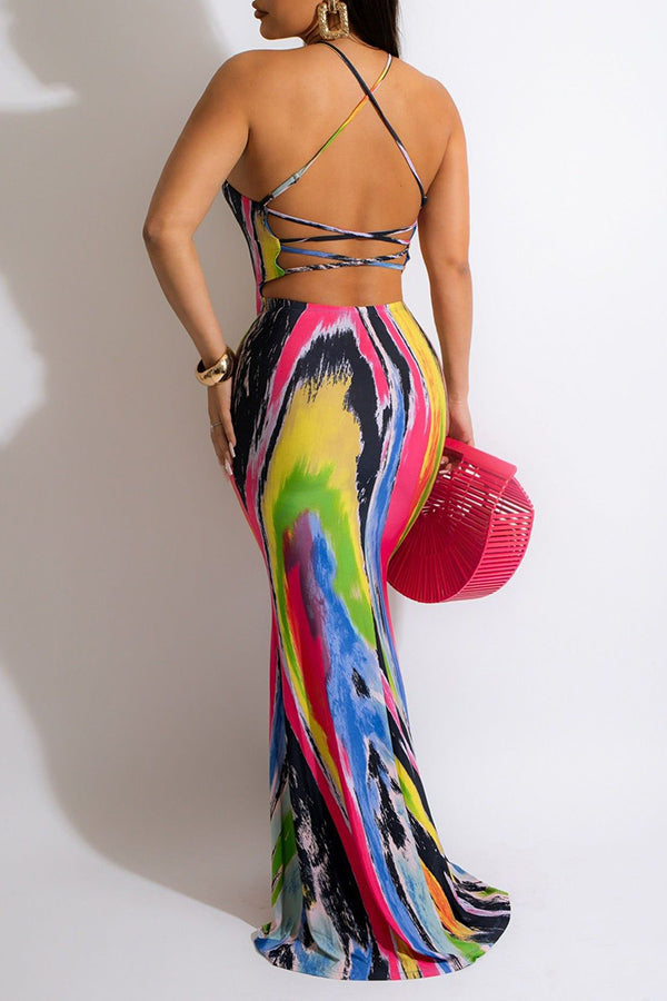 Multi Tie Dye Halter Lace Up Maxi Dress Fashionpara