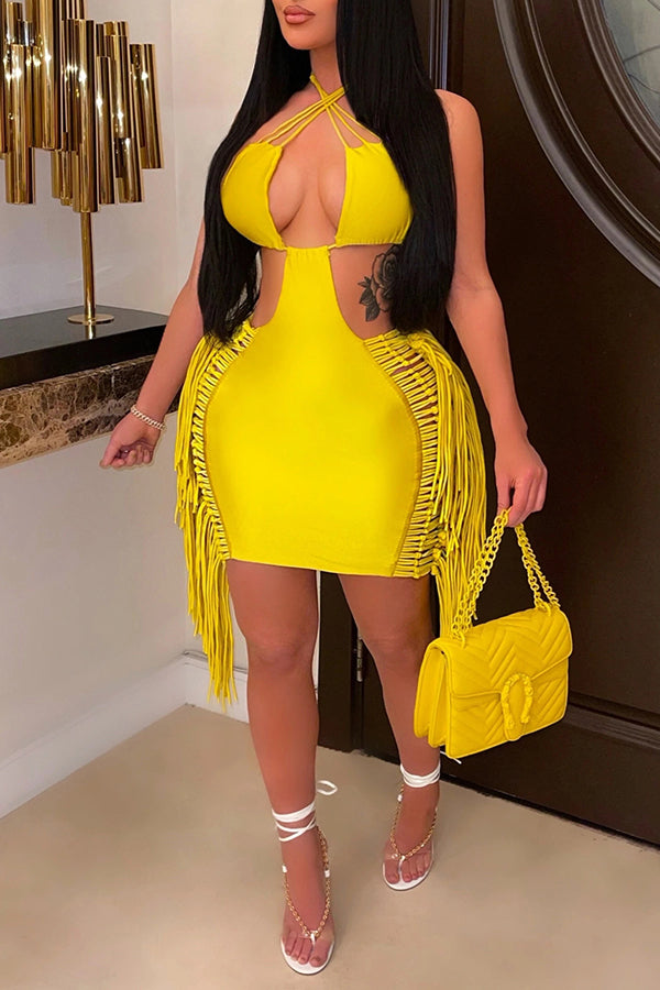 Solid Fringe Halter Cut Out Mini Dress Fashionpara