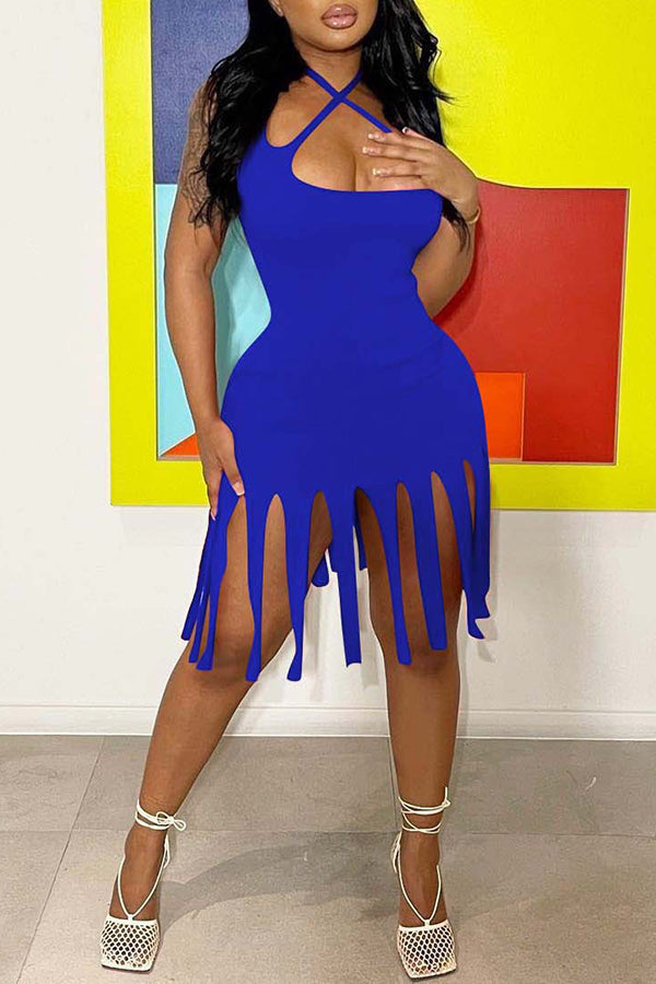Solid Color Halter Fringe Hem Mini Dress Fashionpara