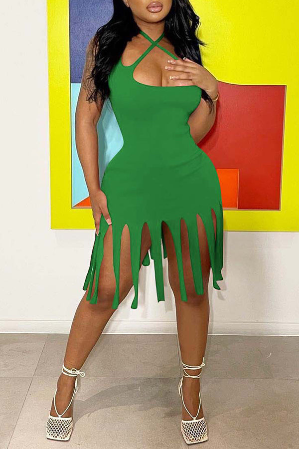 Solid Color Halter Fringe Hem Mini Dress Fashionpara