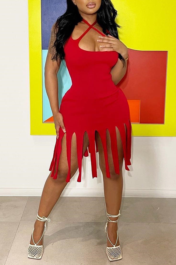 Solid Color Halter Fringe Hem Mini Dress Fashionpara