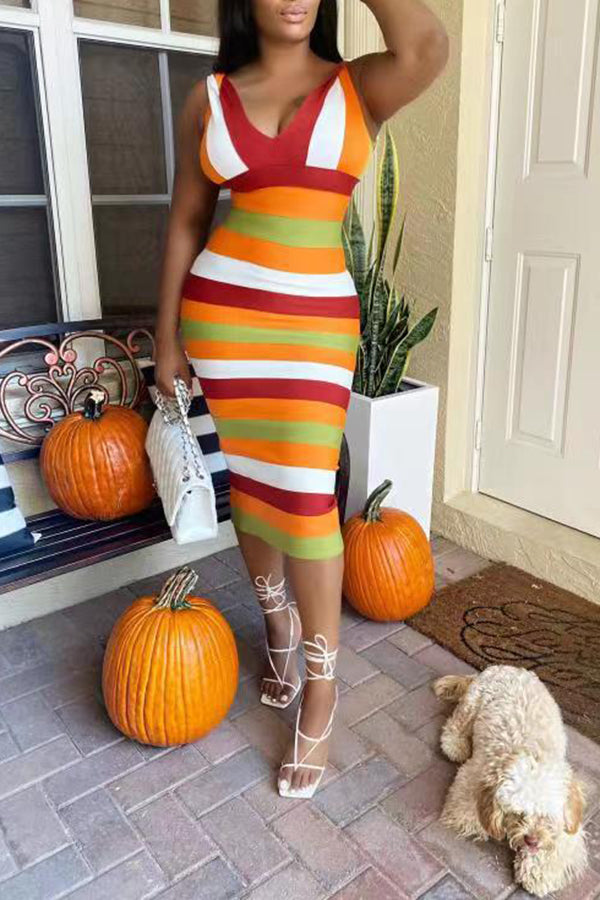 Multi Striped Ribbed Sleeveless Midi Dress Fashionpara