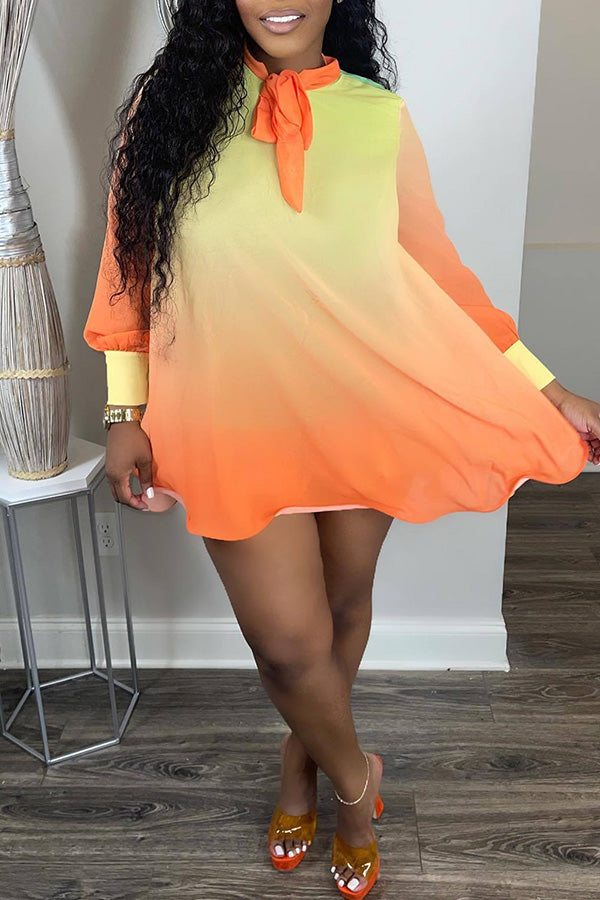 Gradient Bow Tie Neck Chiffon Plus Size Mini Dress Fashionpara