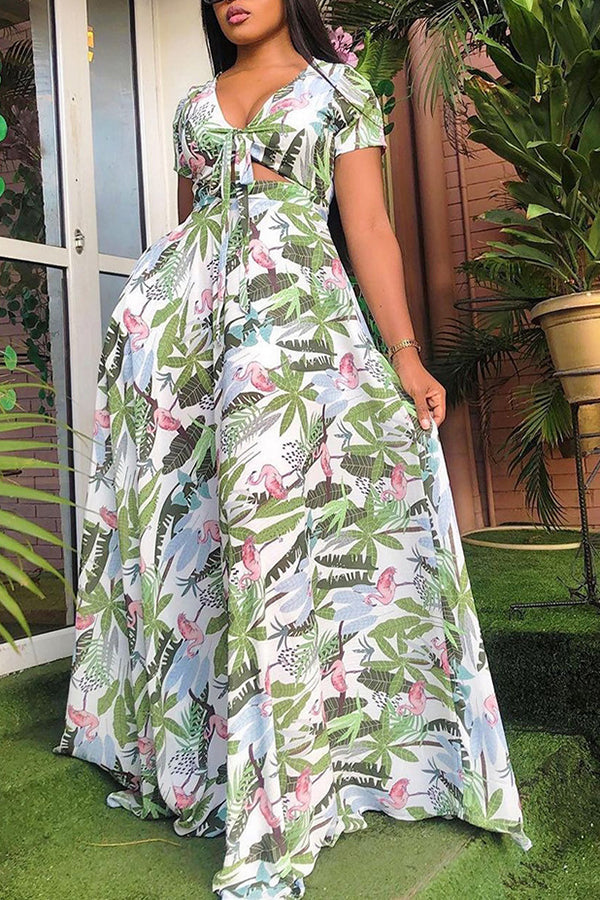 Natural Print Split Joint V Neck Maxi Dress Fashionpara