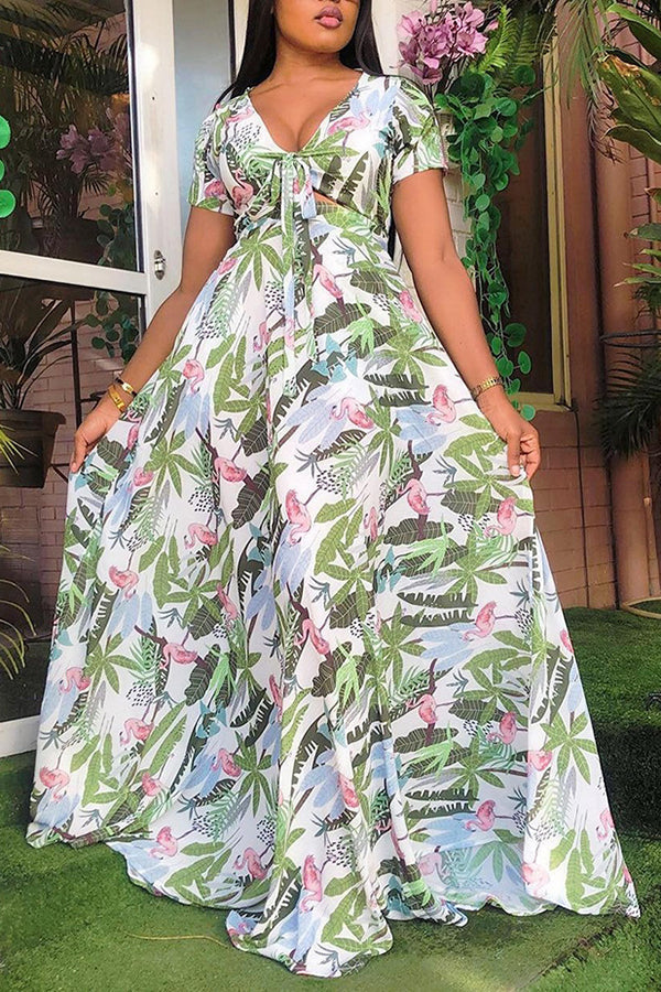 Natural Print Split Joint V Neck Maxi Dress Fashionpara