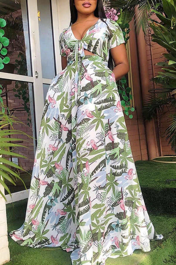 Natural Print Split Joint V Neck Maxi Dress Fashionpara