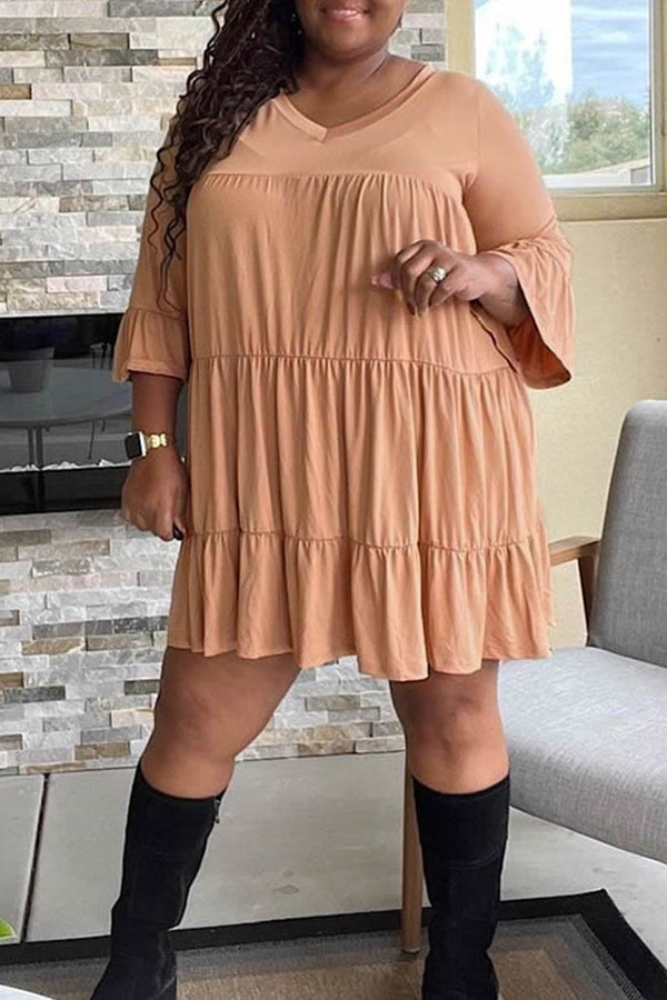 Plus Size V-neck Ruffle Sleeve Tiered Mini Dress Fashionpara