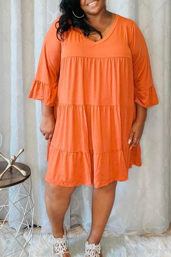 Plus Size V-neck Ruffle Sleeve Tiered Mini Dress Fashionpara
