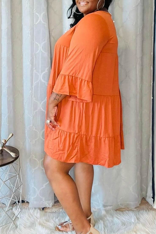 Plus Size V-neck Ruffle Sleeve Tiered Mini Dress Fashionpara