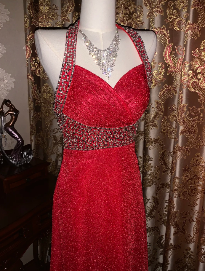 Glitter Halter Red Tulle Sequin Beaded A Line Long Party Dress Evening Dress D1713
