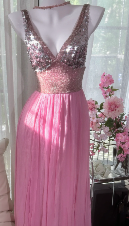 Classy Pink V Neck Chiffon Sequin A Line Long Party Dress Backless Birthday Prom Gown D1554