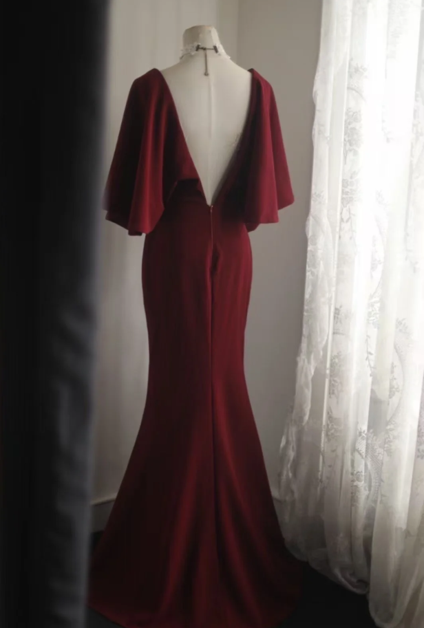 Vintage V Neck Burgundy Satin Mermaid Evening Dress Backless Long Birthday Party Dress D1272