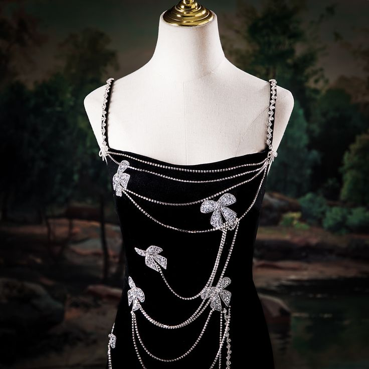 Elegant Black Velvet Spaghetti Straps Slit Beaded Mermaid Evening Dress Long Birthday Party Gown D1559