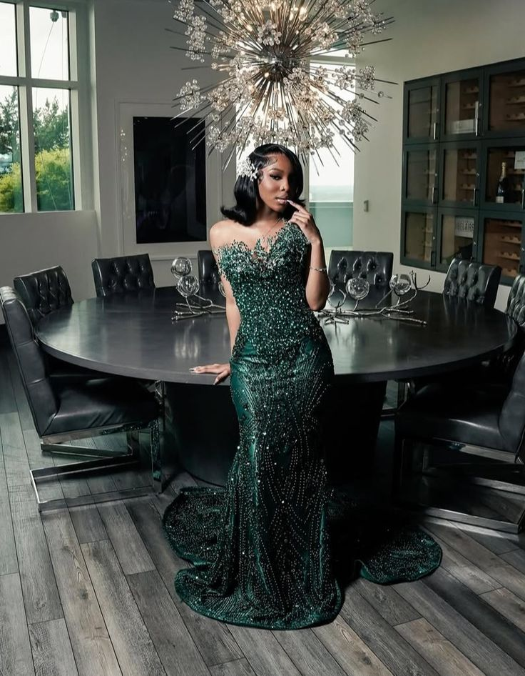 Luxury One Shoulder Satin Beaded Evening Dress Emerald Green Mermaid Prom Dress S204