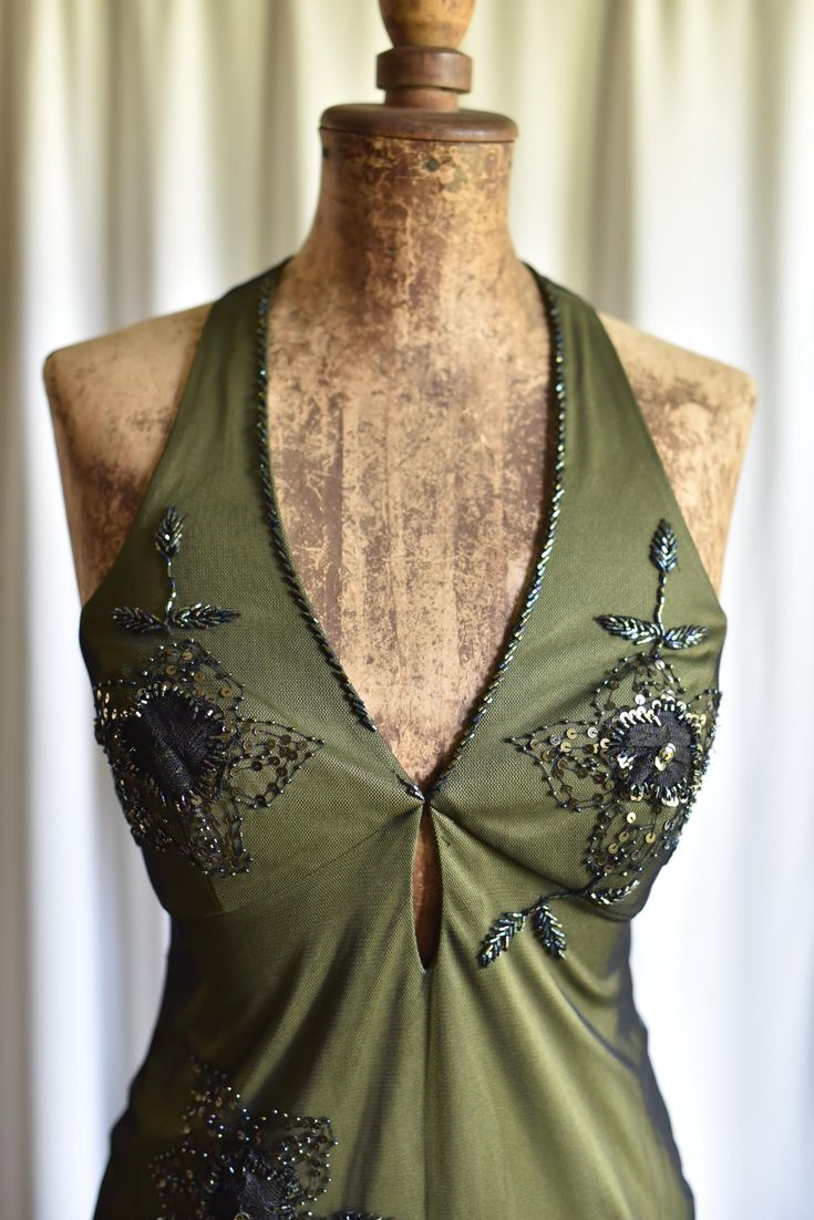 Vintage Olive Green Satin Tulle Beaded Mermaid Evening Dress Backless Long Party Dress D1405