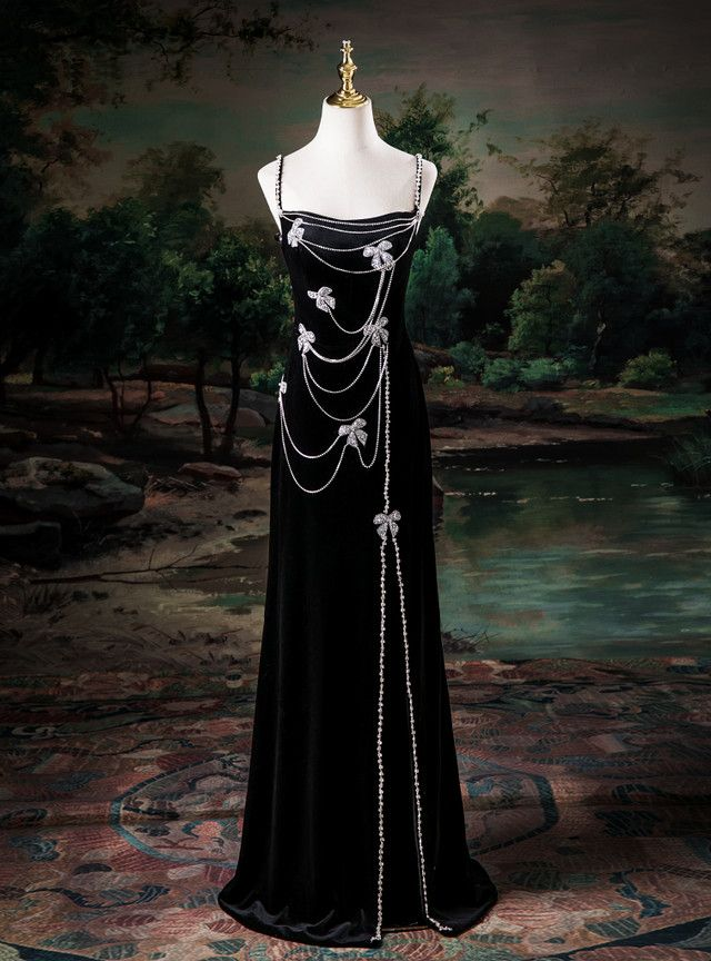 Elegant Black Velvet Spaghetti Straps Slit Beaded Mermaid Evening Dress Long Birthday Party Gown D1559
