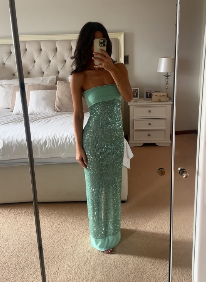 Sparkly Strapless Green Sequin Mermaid Prom Dress Long Party Gown With Ribbon D1032