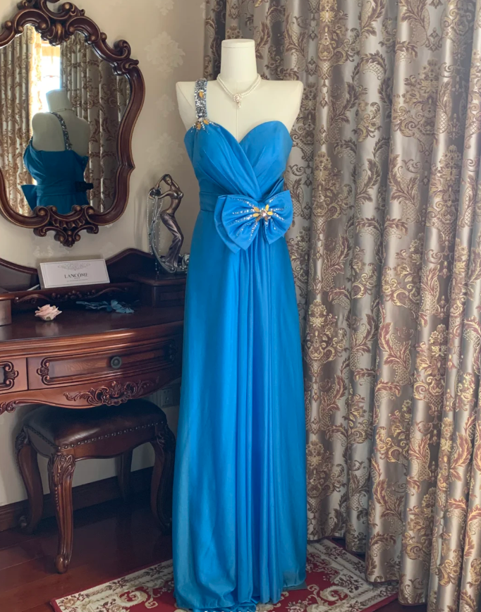 Vintage One Shoulder Blue Satin Beaded Long Wedding Guest Dress Birthday Party Dress With Bow D1751