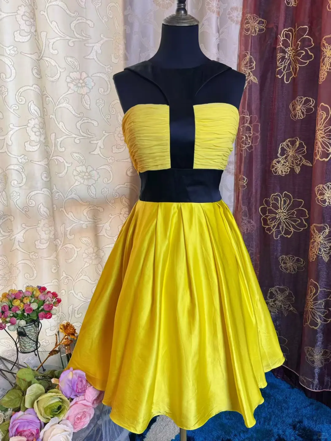 Fashion Yellow Black Splicing A Line Short Party Dress Formal Graduation Homecoming Dress D527