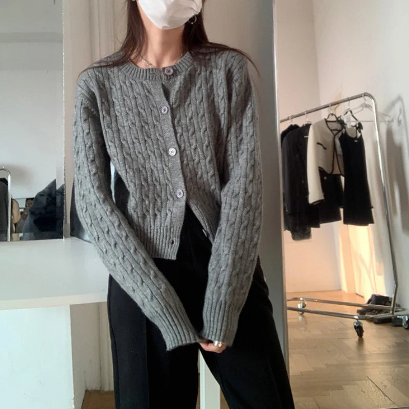 Solid Round Neck Single Breasted 2000s Style Knit Cardigan