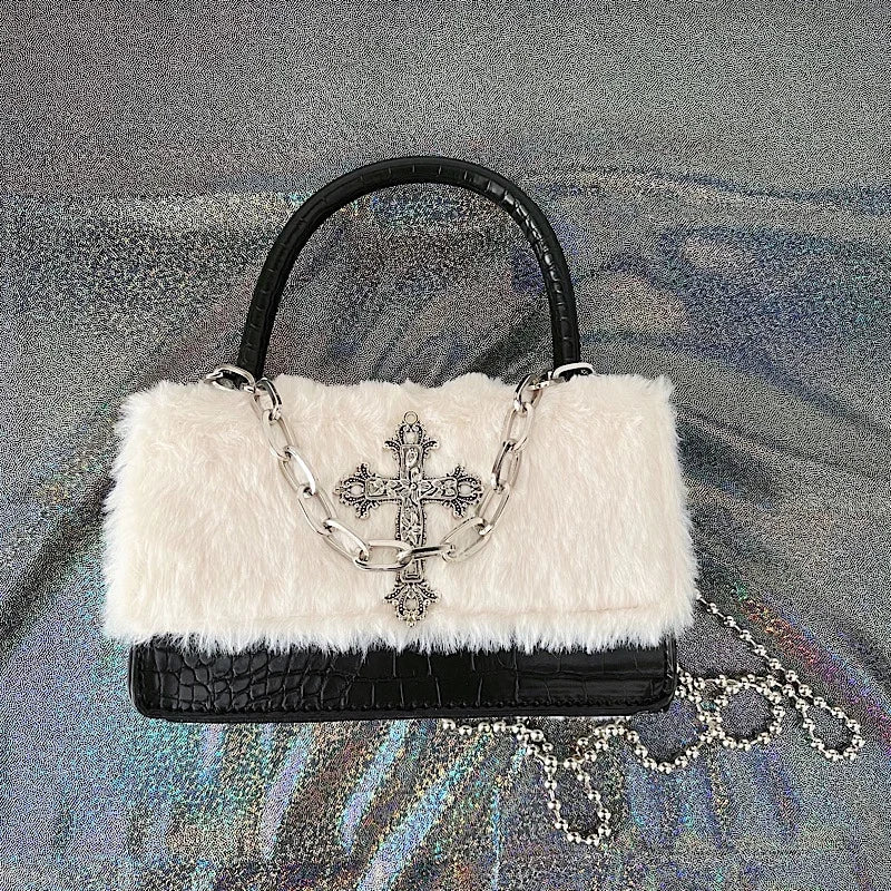 Y2K Gothic Soft Plush Cross Applique Chain Hot Girls Hip Hop Crossbody Bag Black White / 18X11Cm